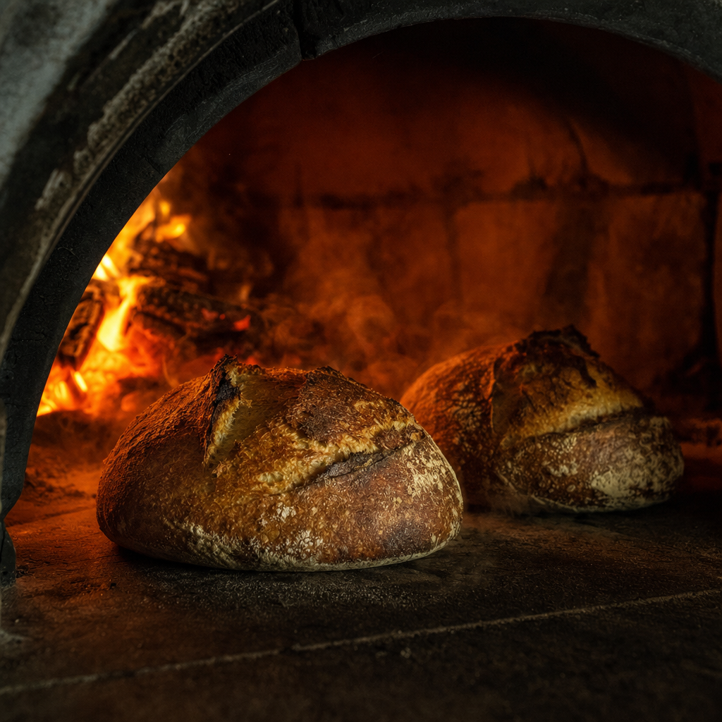 Loaves baking in wood-fired oven