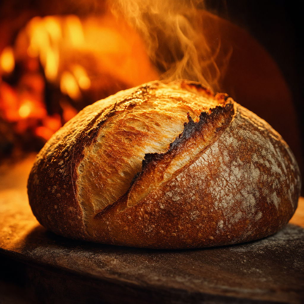 Fresh sourdough boule straight from the wood-fired oven