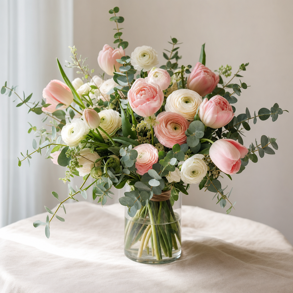 Spring bouquet of tulips, ranunculus and eucalyptus