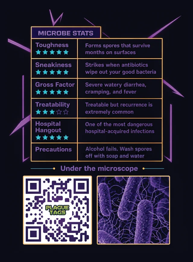 C. diff trading card, back with educational facts