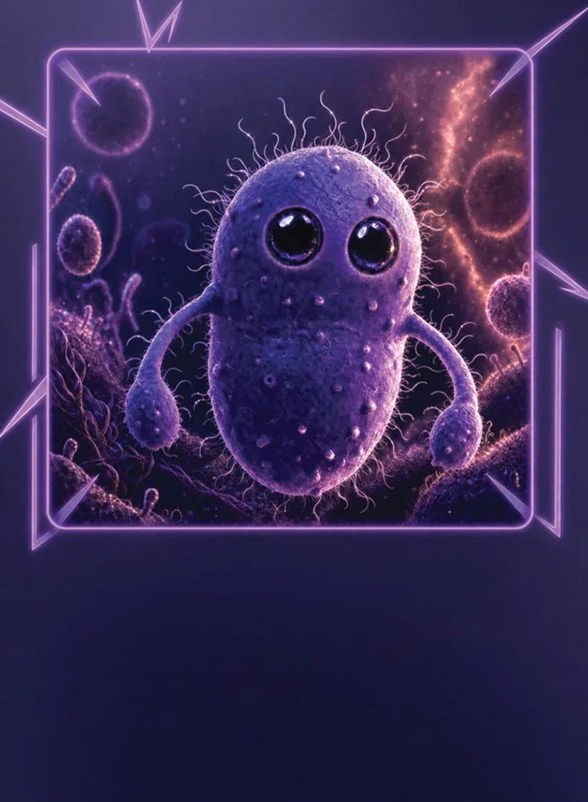 C. diff Plague Tags character, a rod-shaped microbe with expressionless eyes