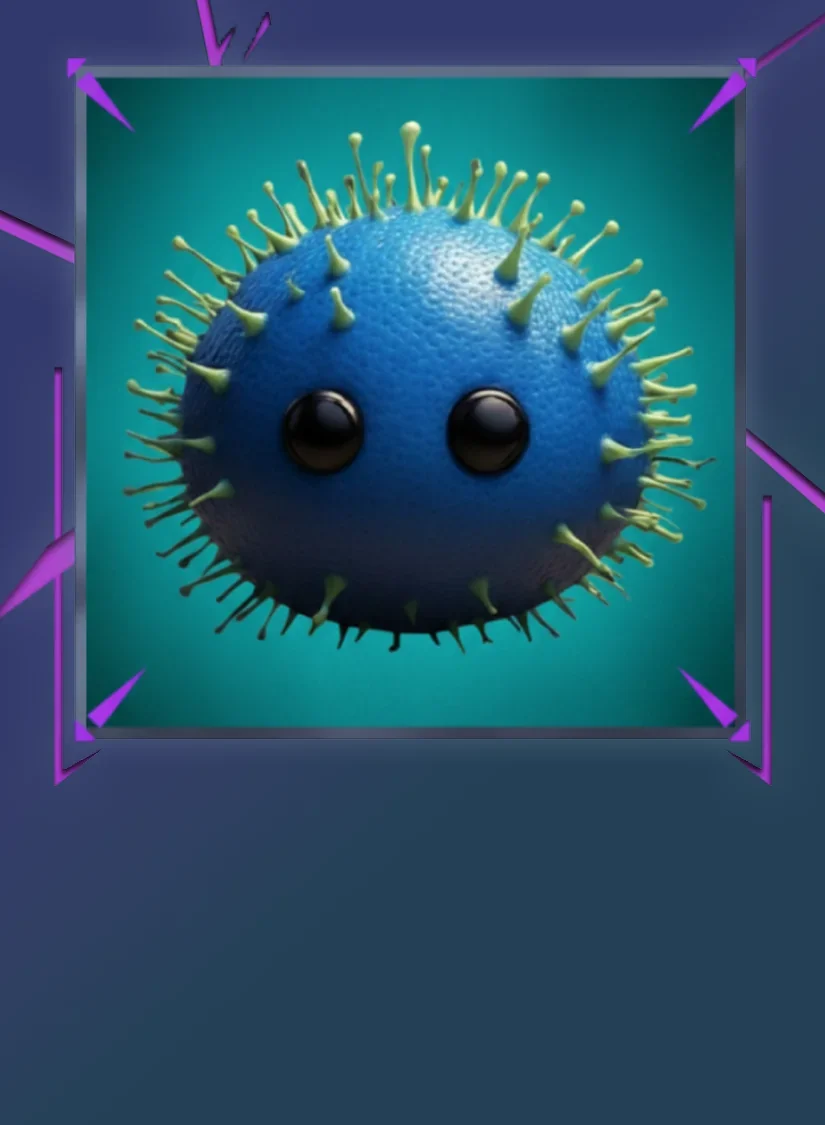 Influenza Plague Tags character, a spherical microbe with expressionless eyes