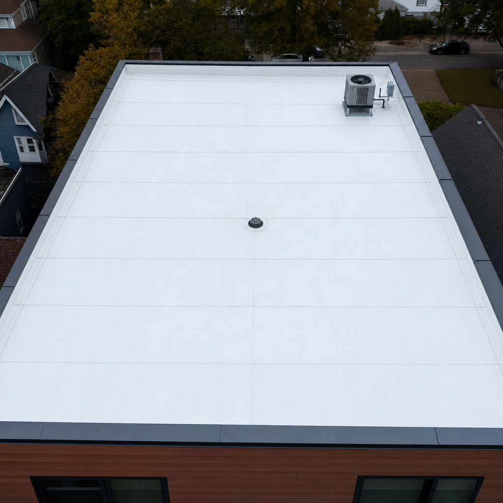 Flat roofing with TPO membrane and drain