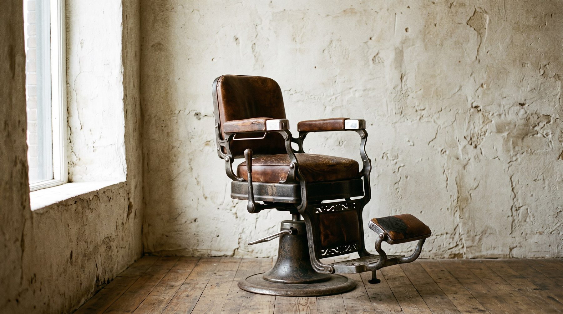 A worn leather and steel barber chair standing alone against a bare plaster wall, lit from a window to one side