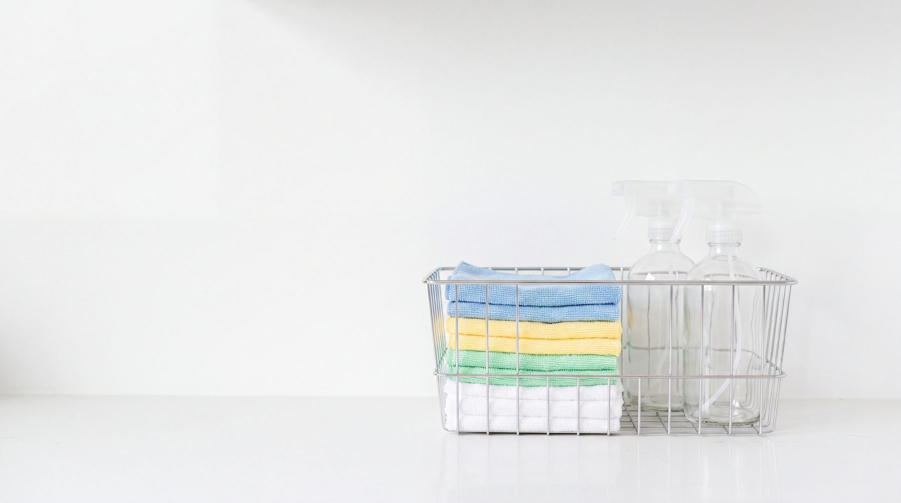 Folded microfibre cloths stacked in a caddy with unlabelled spray bottles in bright even light
