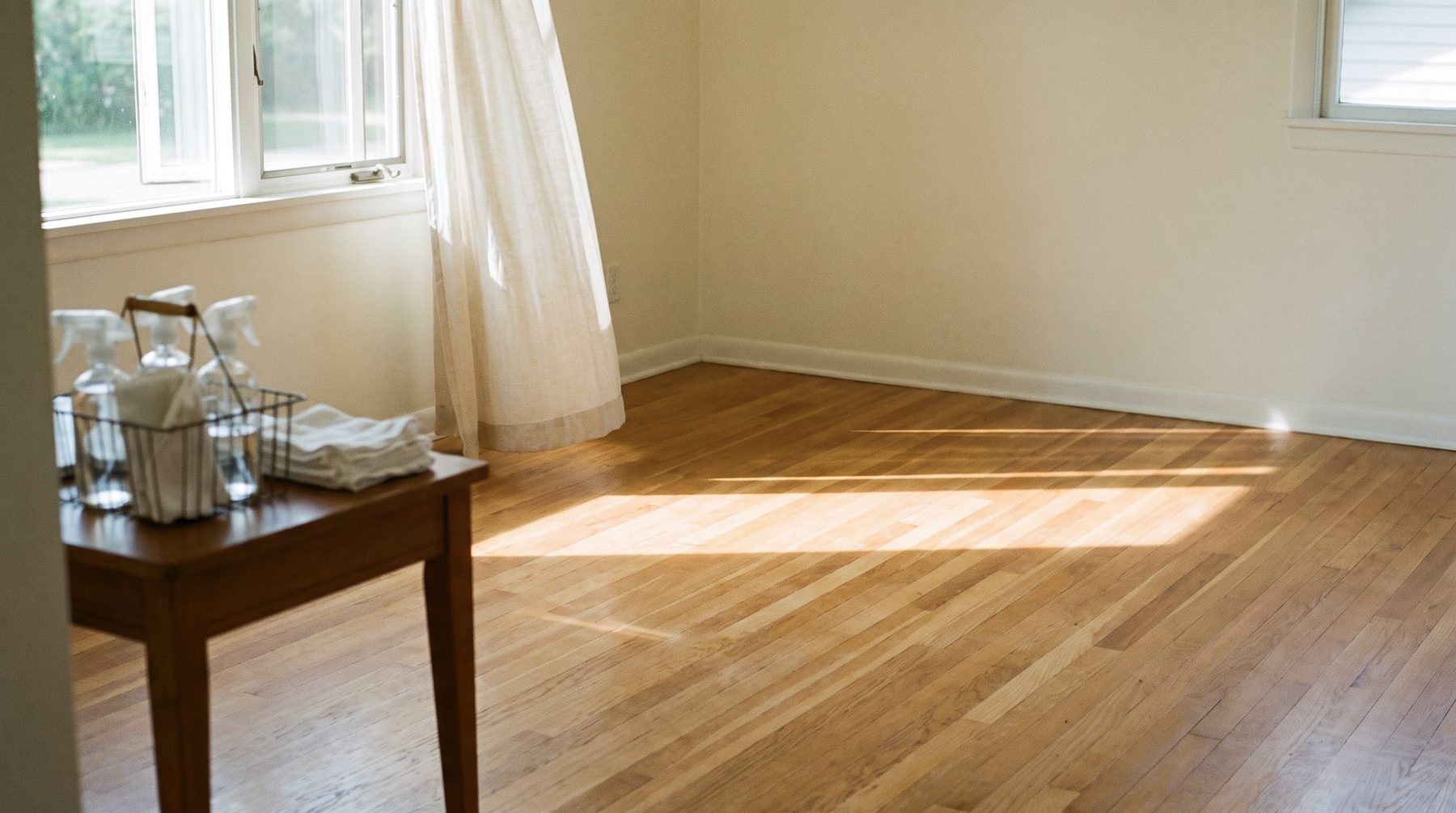 A bright empty living room just after a clean, sunlight across bare hardwood showing vacuum lines