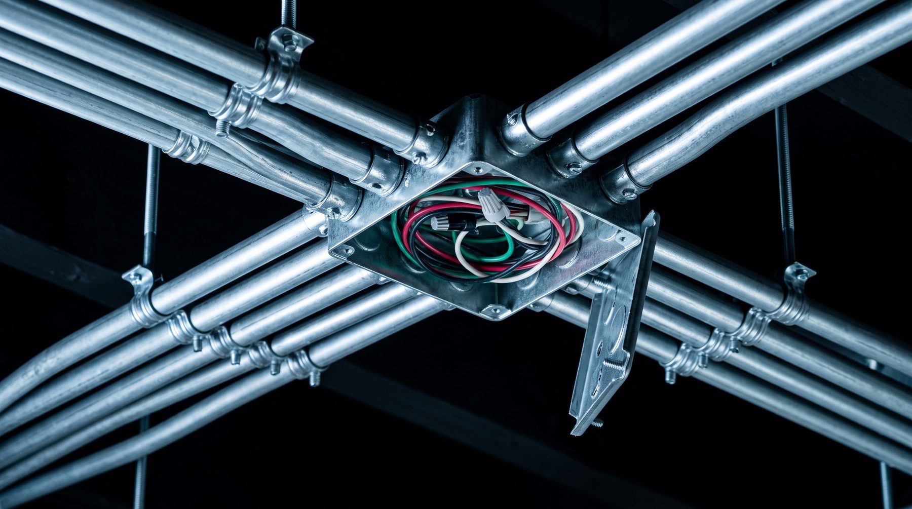 Neatly bundled conduit runs on a basement ceiling with an open junction box under raking work light