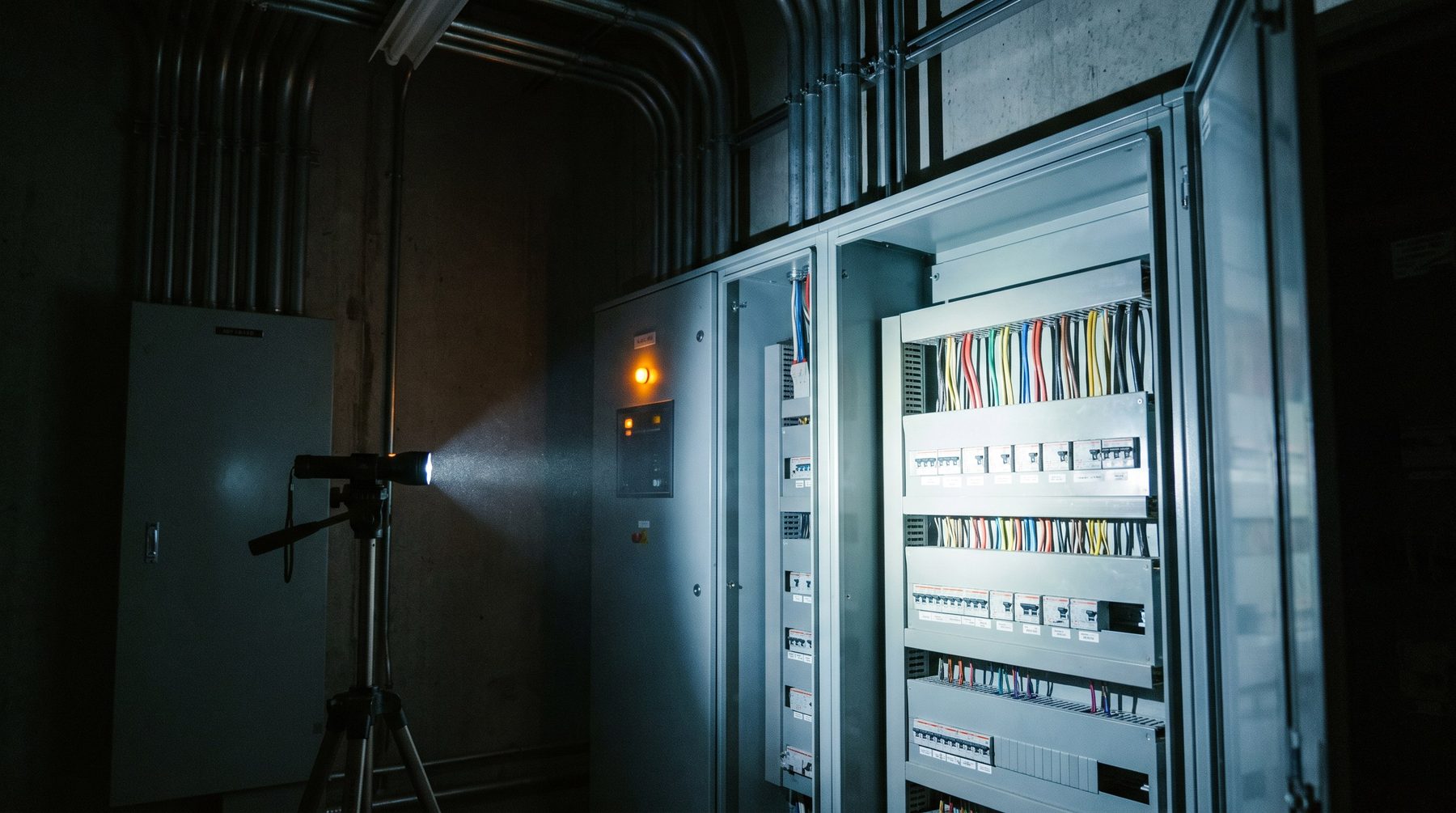 An open electrical distribution panel at night with neat parallel runs of conductors, a torch beam across the busbars
