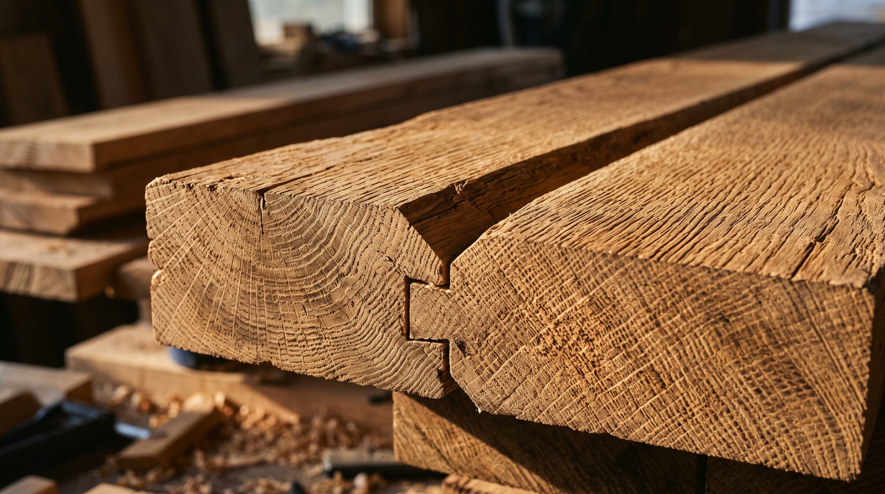 Oak plank end joint and bevel in close detail under raking light showing the grain
