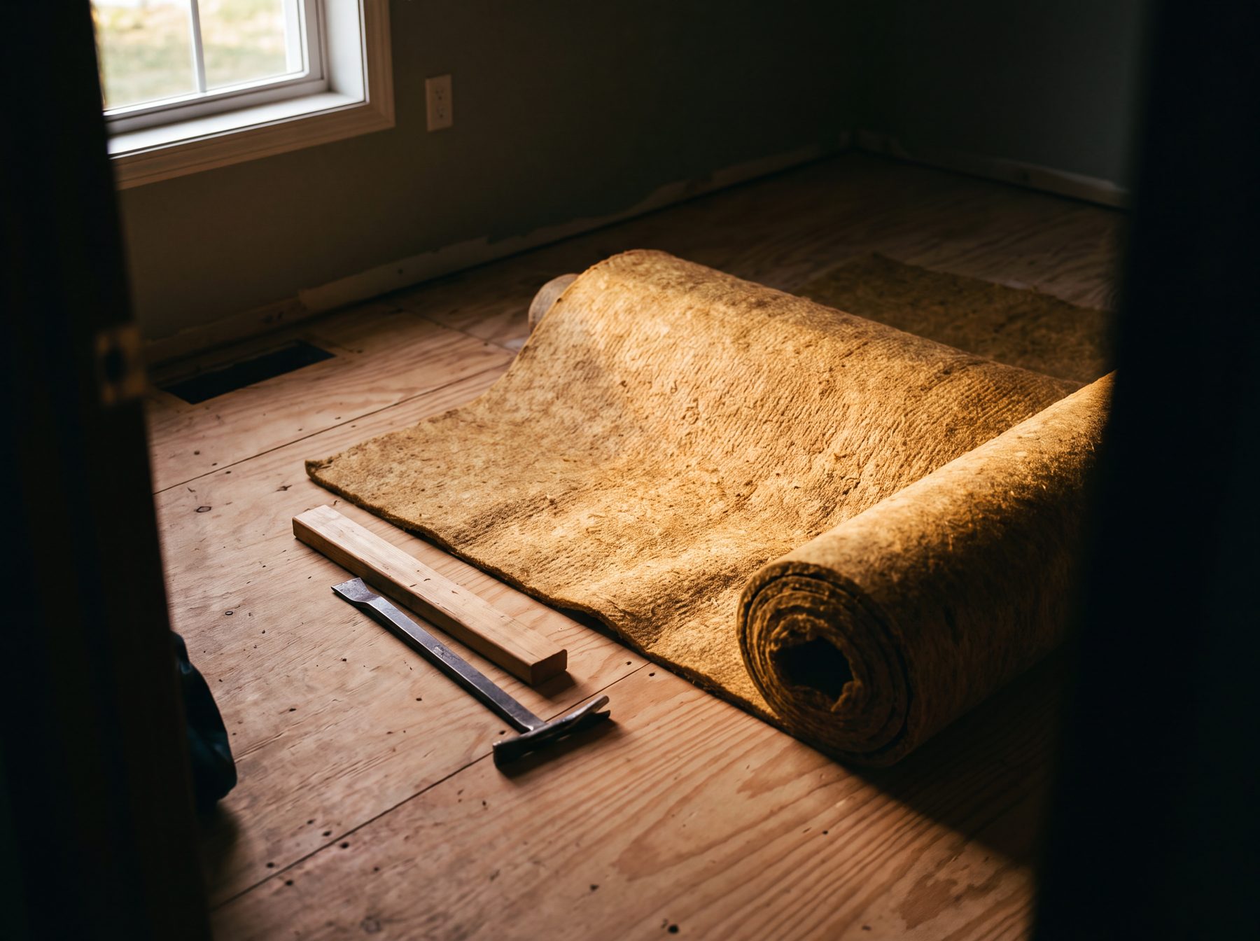 Underlay roll partly unrolled on a subfloor with a tapping block and pull bar beside it