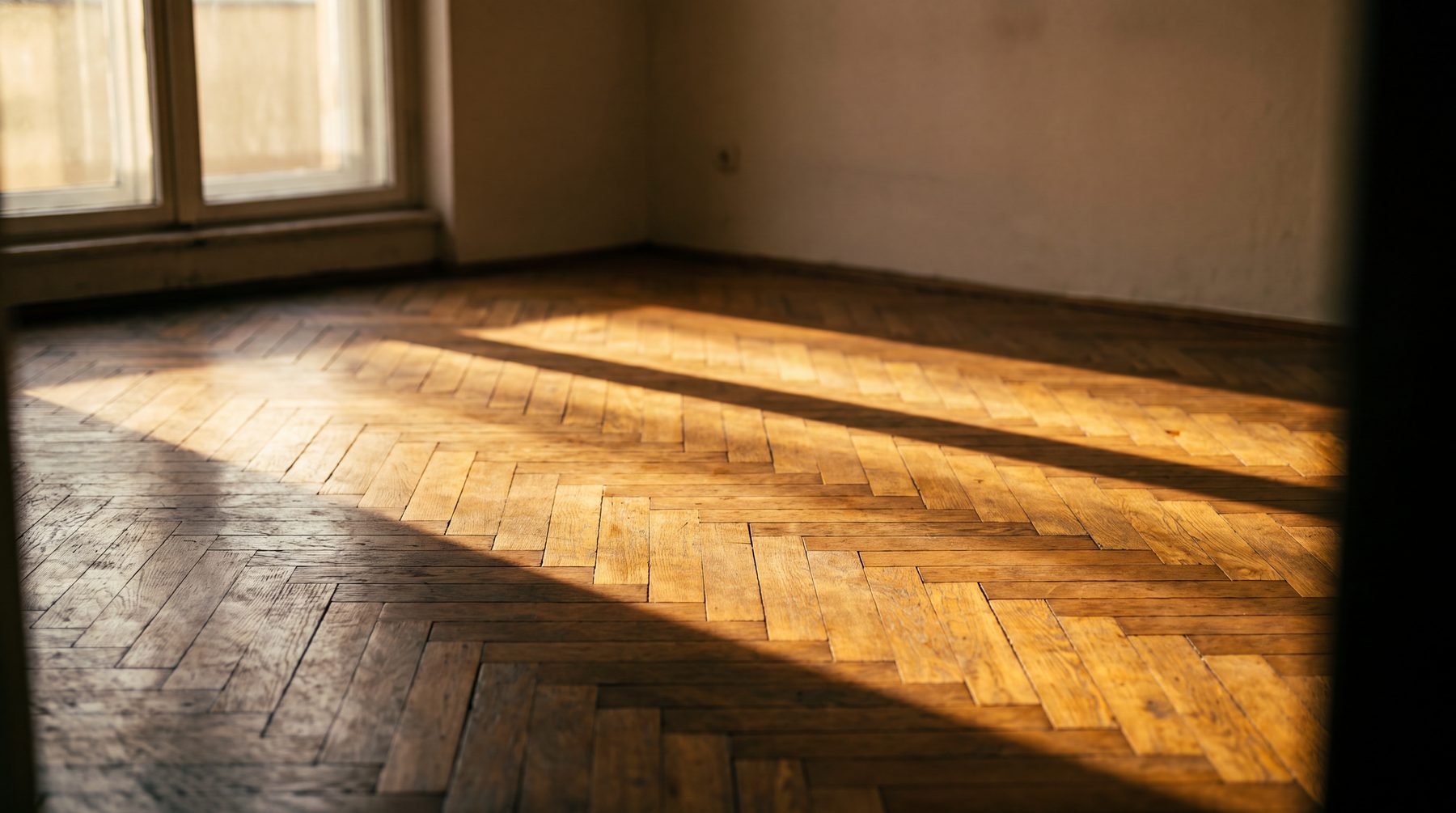 Herringbone floor laid in an empty room with sunlight crossing the pattern