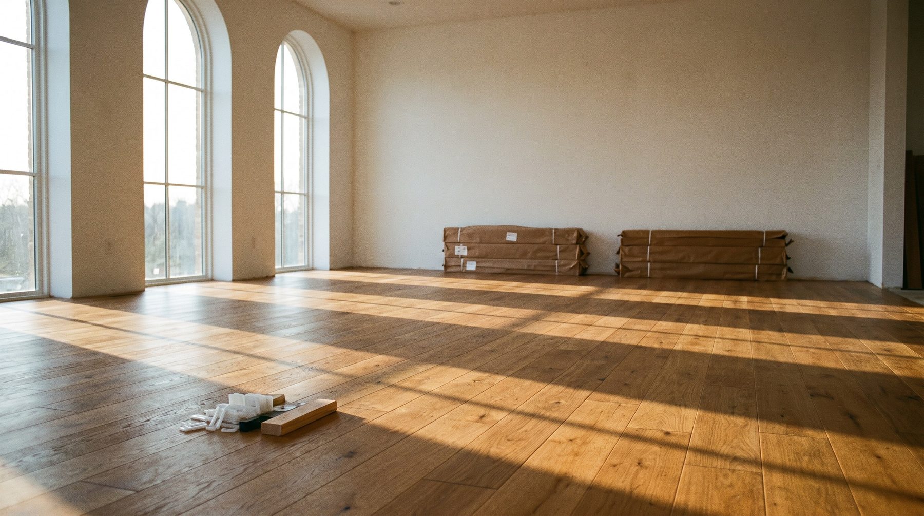A wide empty room with newly laid oak flooring catching low afternoon light, bundles of planks stacked against the far wall