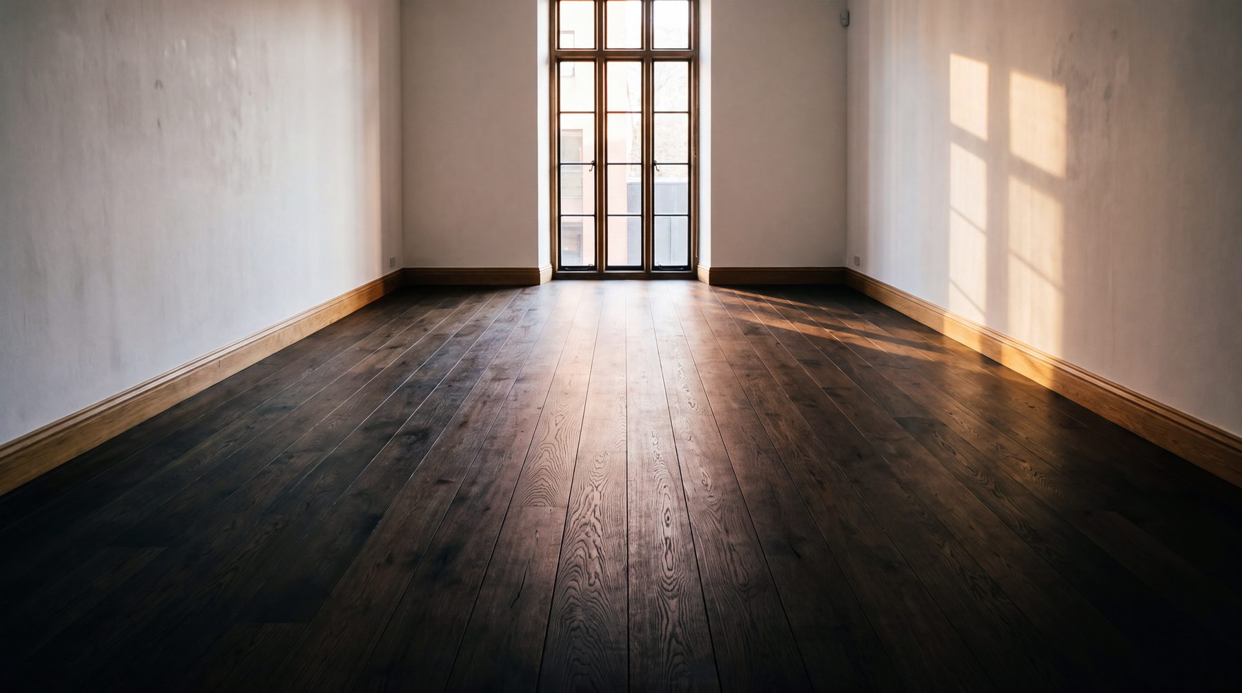 Empty room with wide-plank oak floor, crisp skirting and a tall window at the end