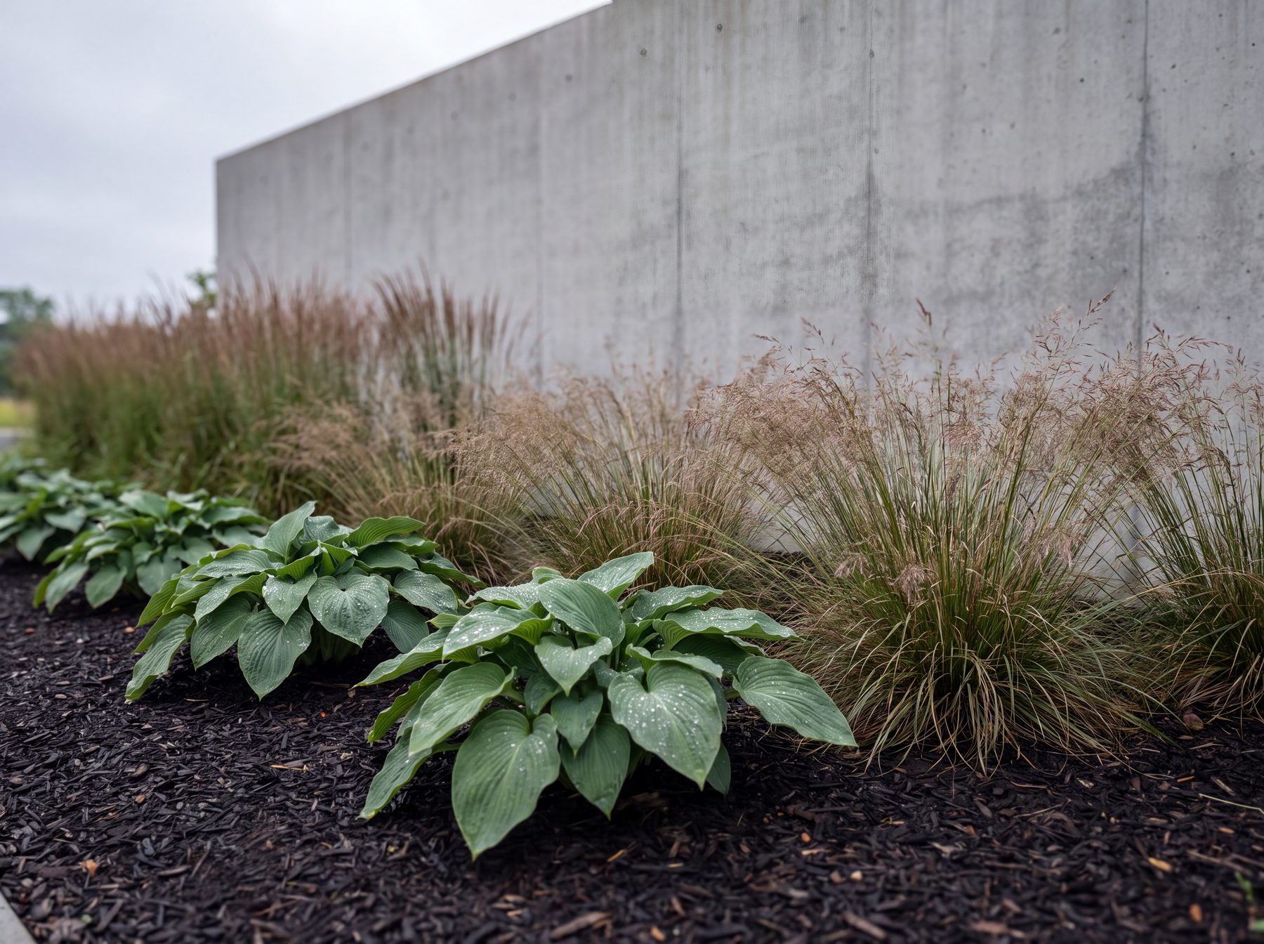 A perennial planting bed with mulch, hosta and grasses, morning dew