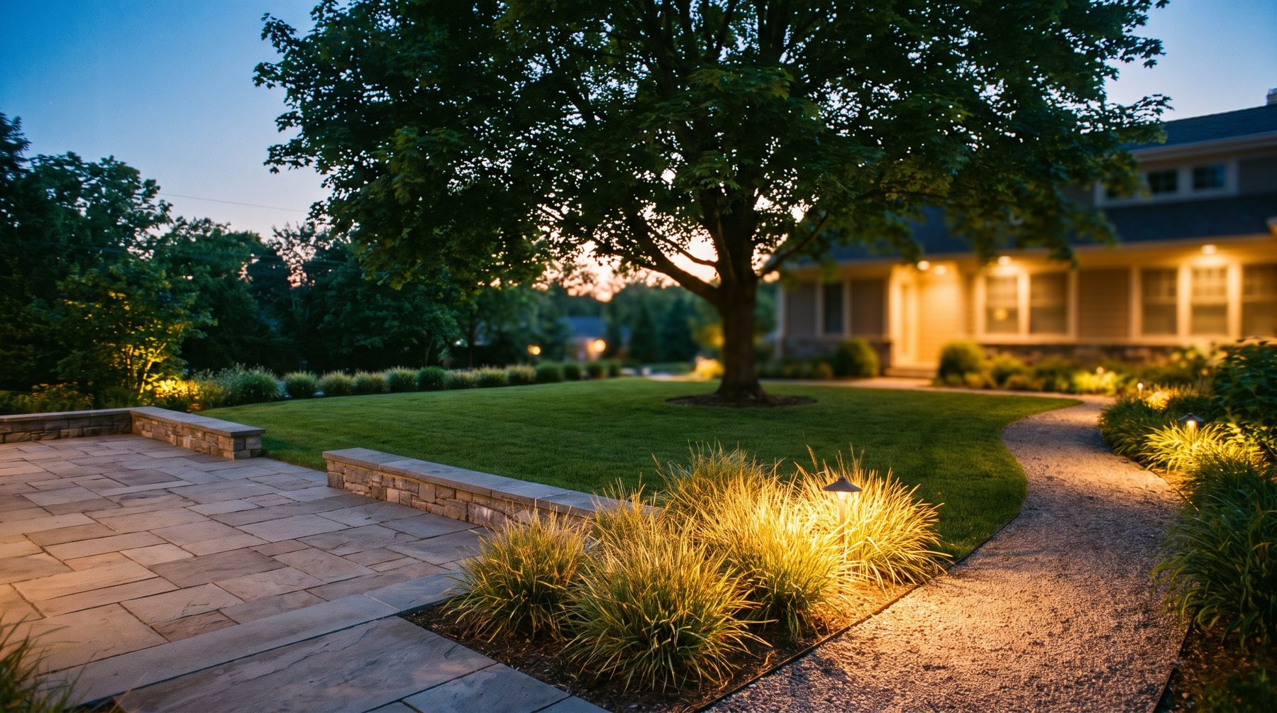 A finished residential landscape at dusk, cut stone terrace meeting a lawn edge, grasses catching low light
