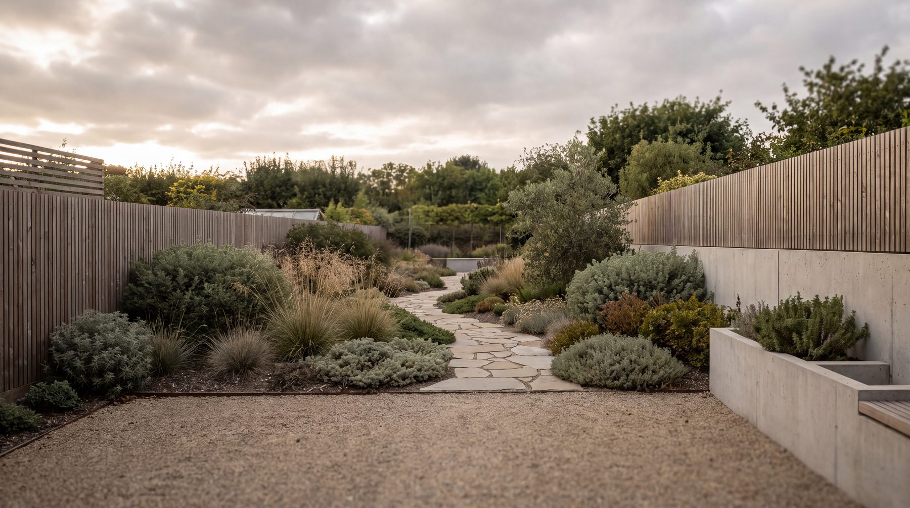 A designed back garden at golden hour, layered planting and a stone path, no people