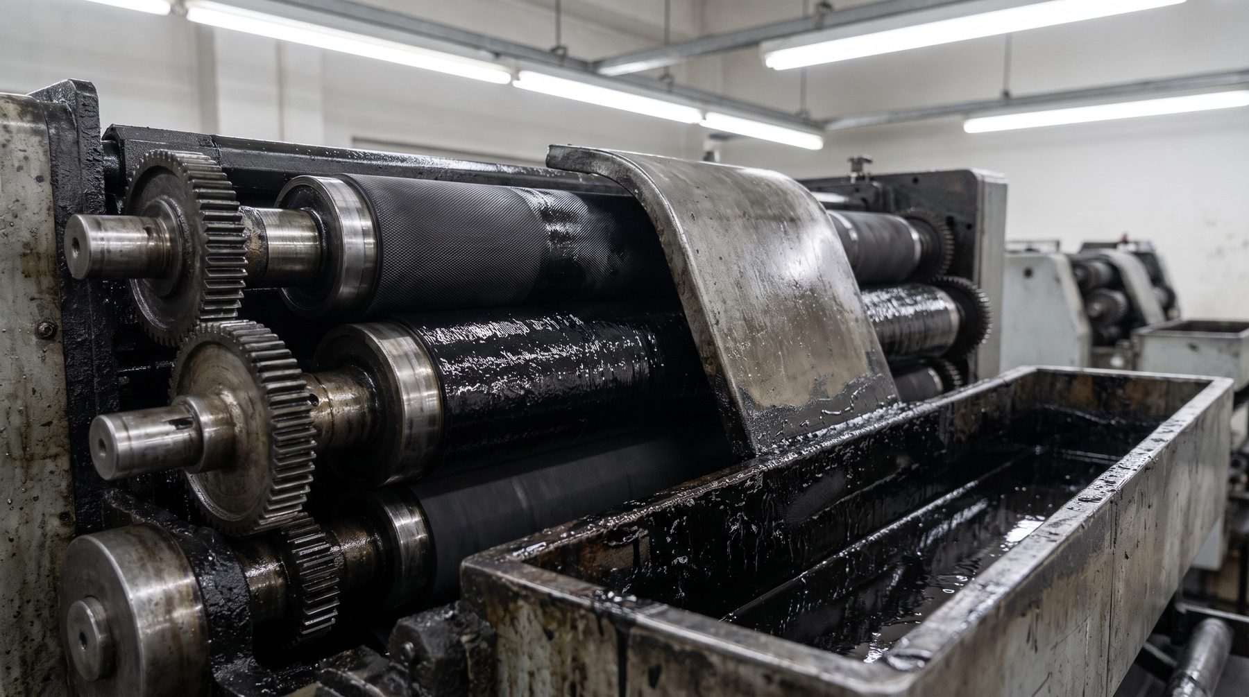 Ink rollers and duct on an offset press with a tacky ink film