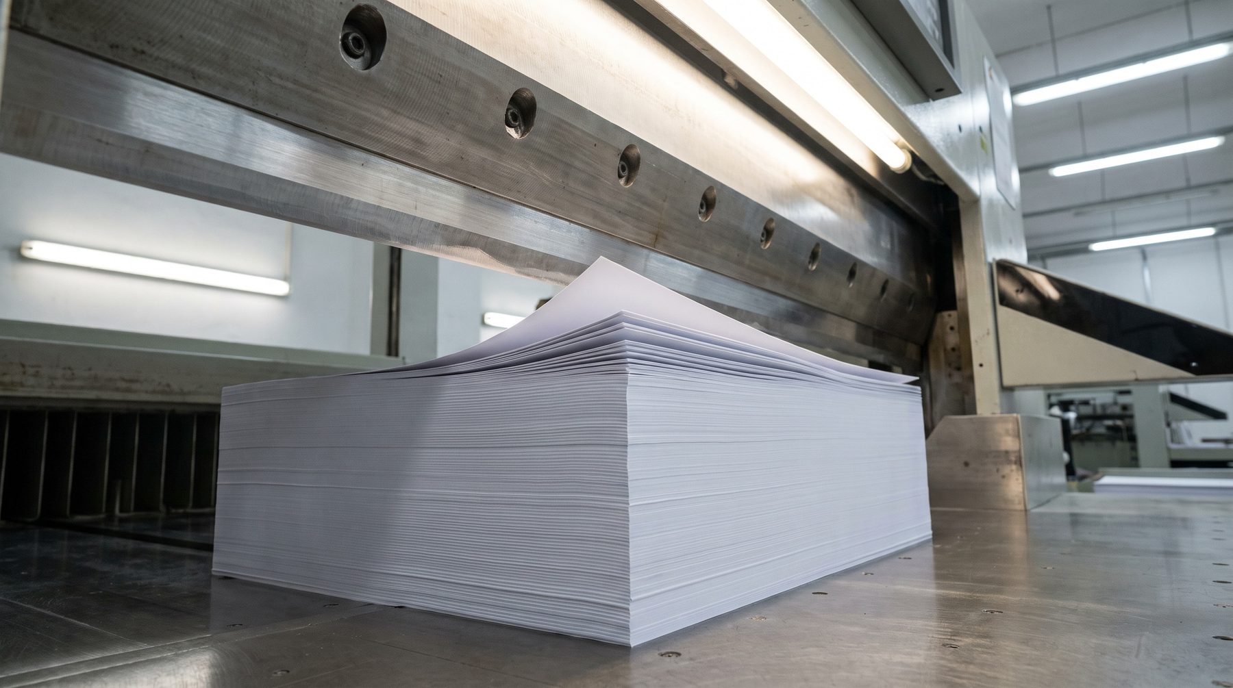 Guillotine blade and a lift of trimmed stock with crisp paper edges