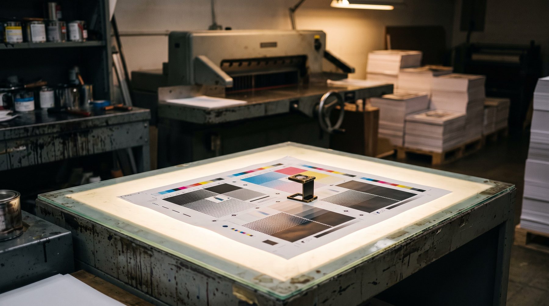 A press sheet on a light table with registration marks and a colour bar at the edge, a loupe resting on it