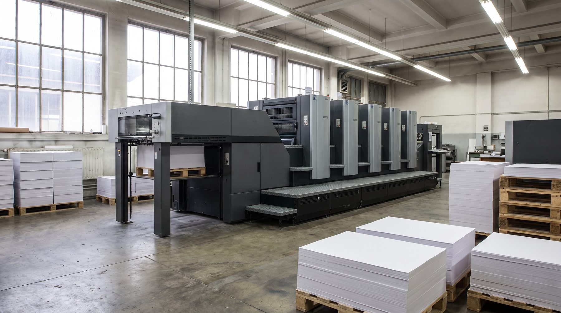 Print shop floor with a press and stacked pallets of paper under high windows