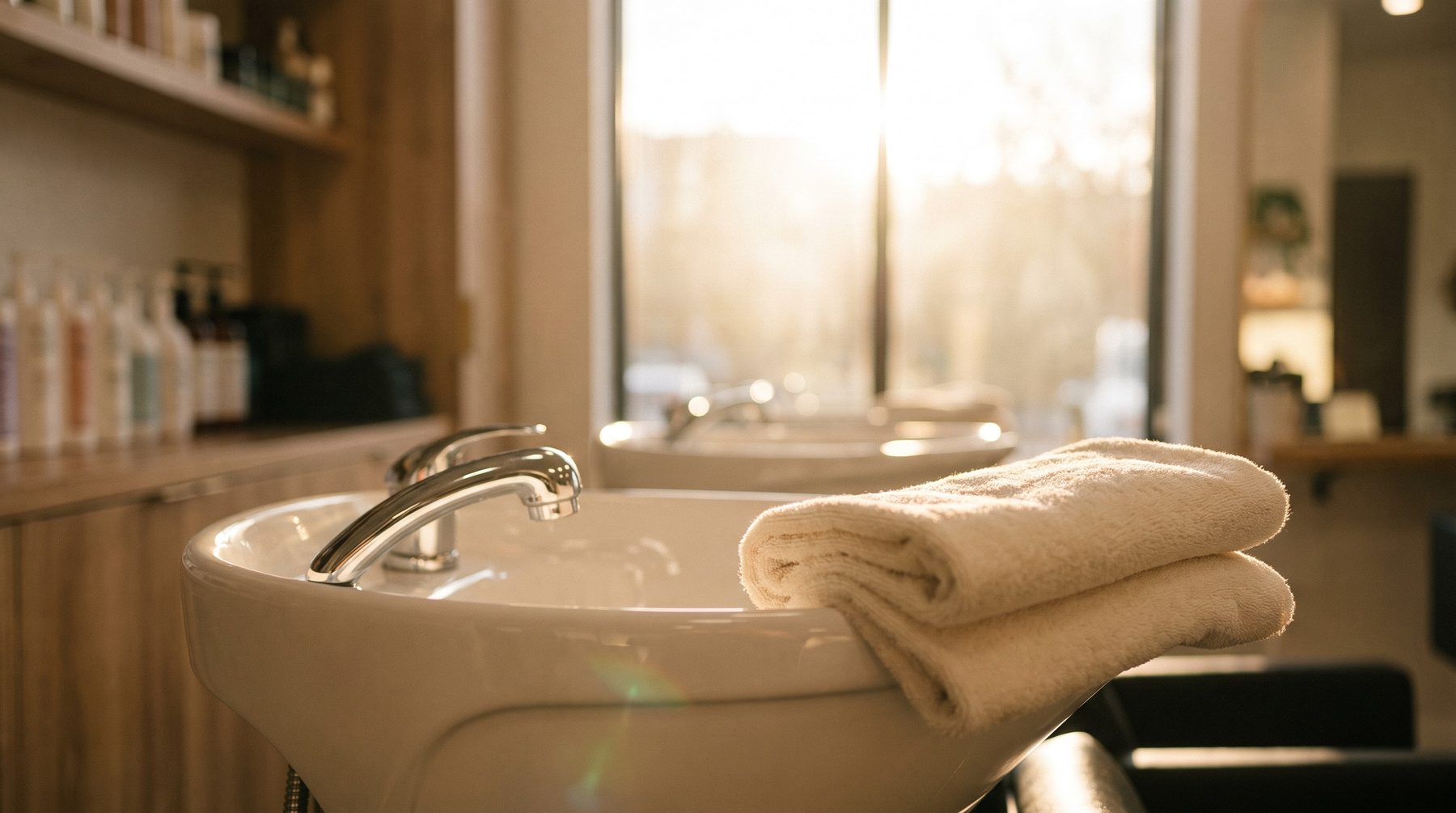 Porcelain backwash basin with a chrome tap and a folded towel