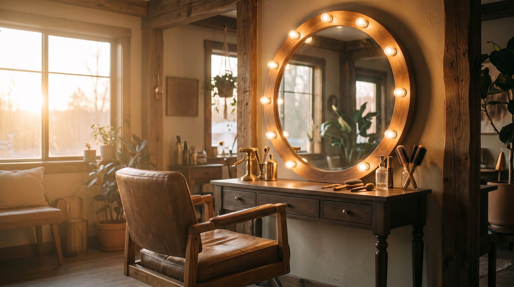 Salon styling station mirror and empty chair with bulbs around the frame
