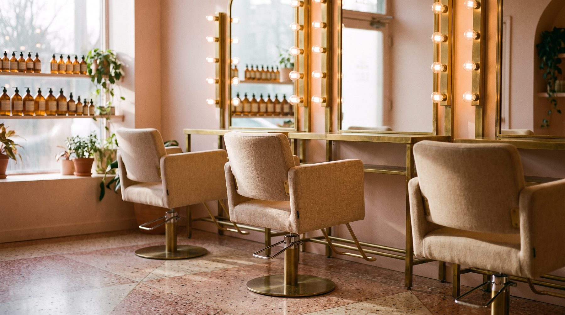 Interior of a small hair salon in late afternoon, empty styling chairs facing a lit mirror wall
