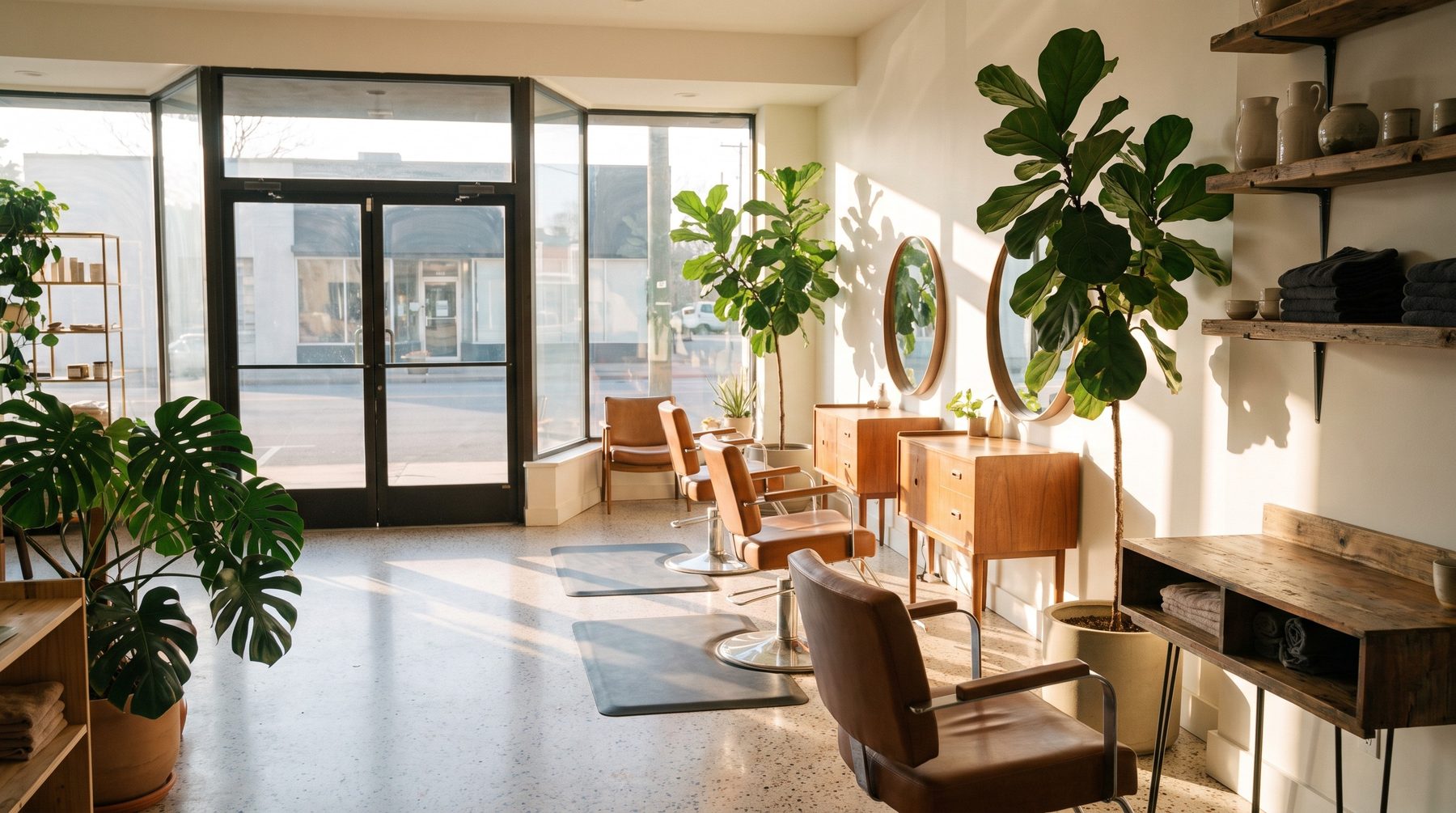 Empty hair salon interior at opening with a terrazzo floor, plants and daylight through glass