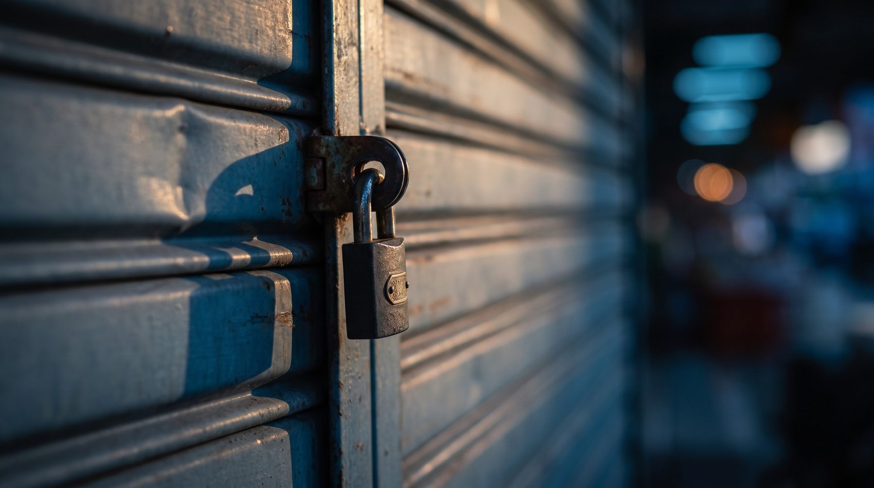 Padlock and hasp on a corrugated roller door in matte paint, lit from the side