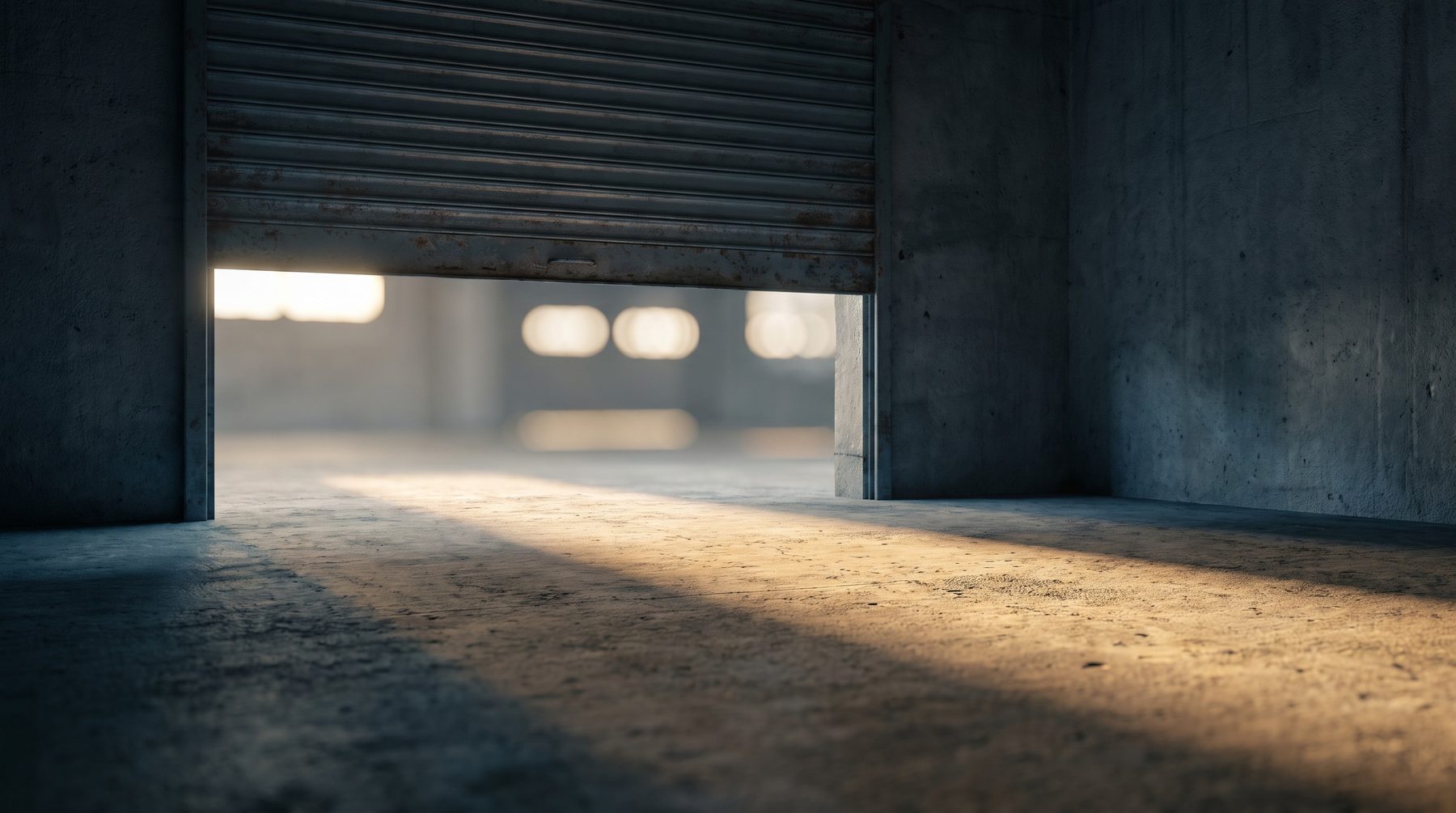 Roller door partly raised on an empty concrete storage unit with light spilling in