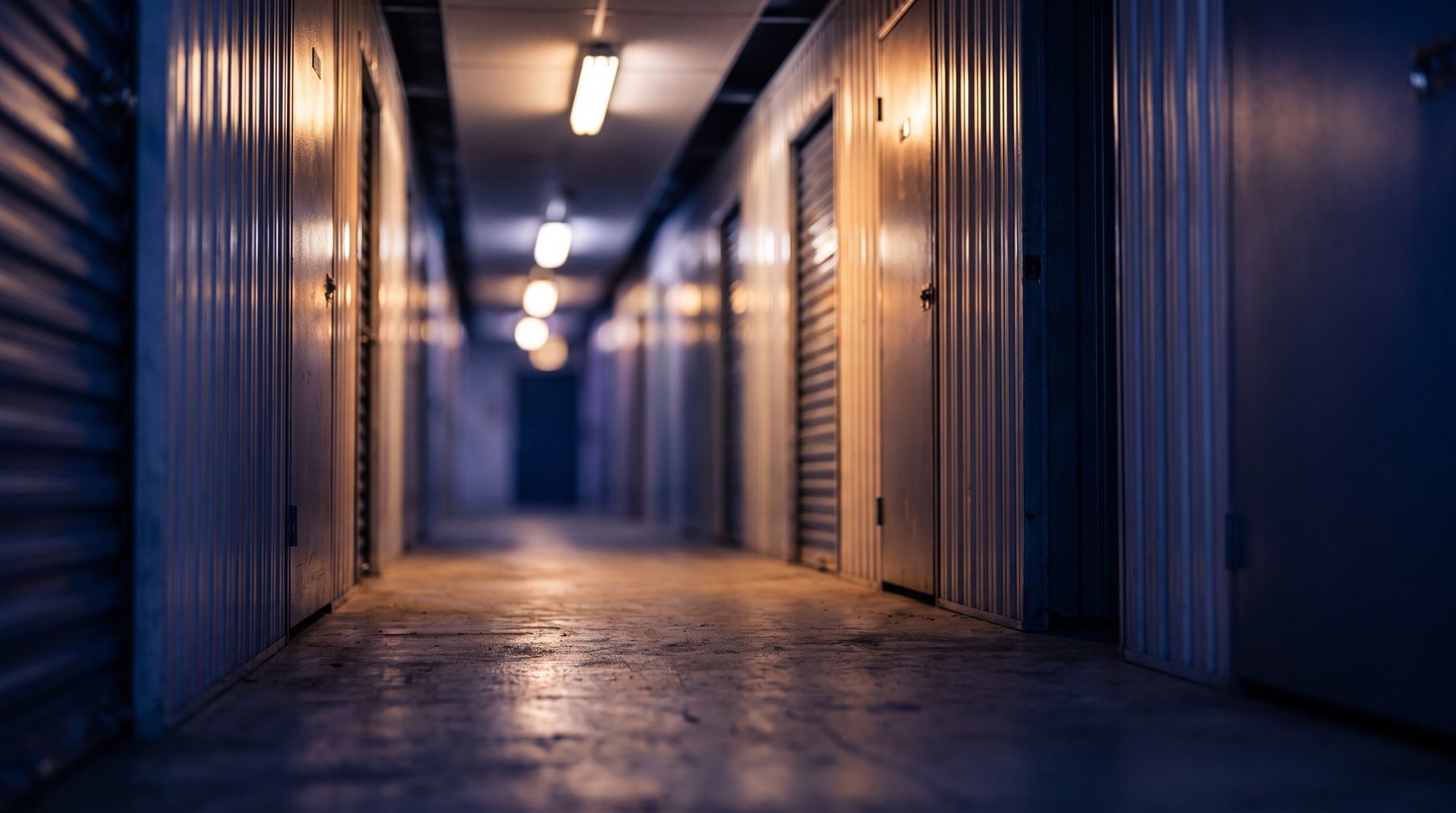 Corridor of closed storage unit doors receding under overhead strip lights, empty