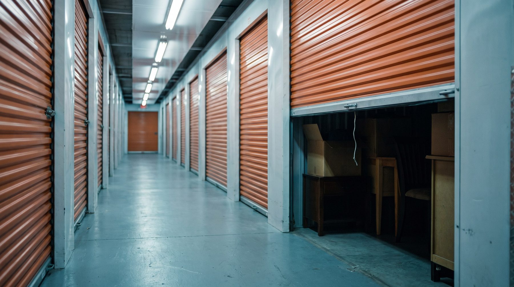 A row of closed roll-up storage units in a clean indoor corridor with overhead strip lighting receding