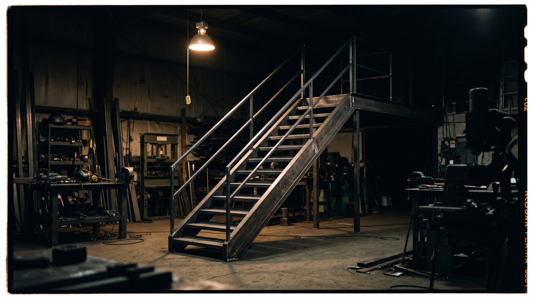 A finished steel staircase commission standing in a dark fabrication shop under a single work lamp